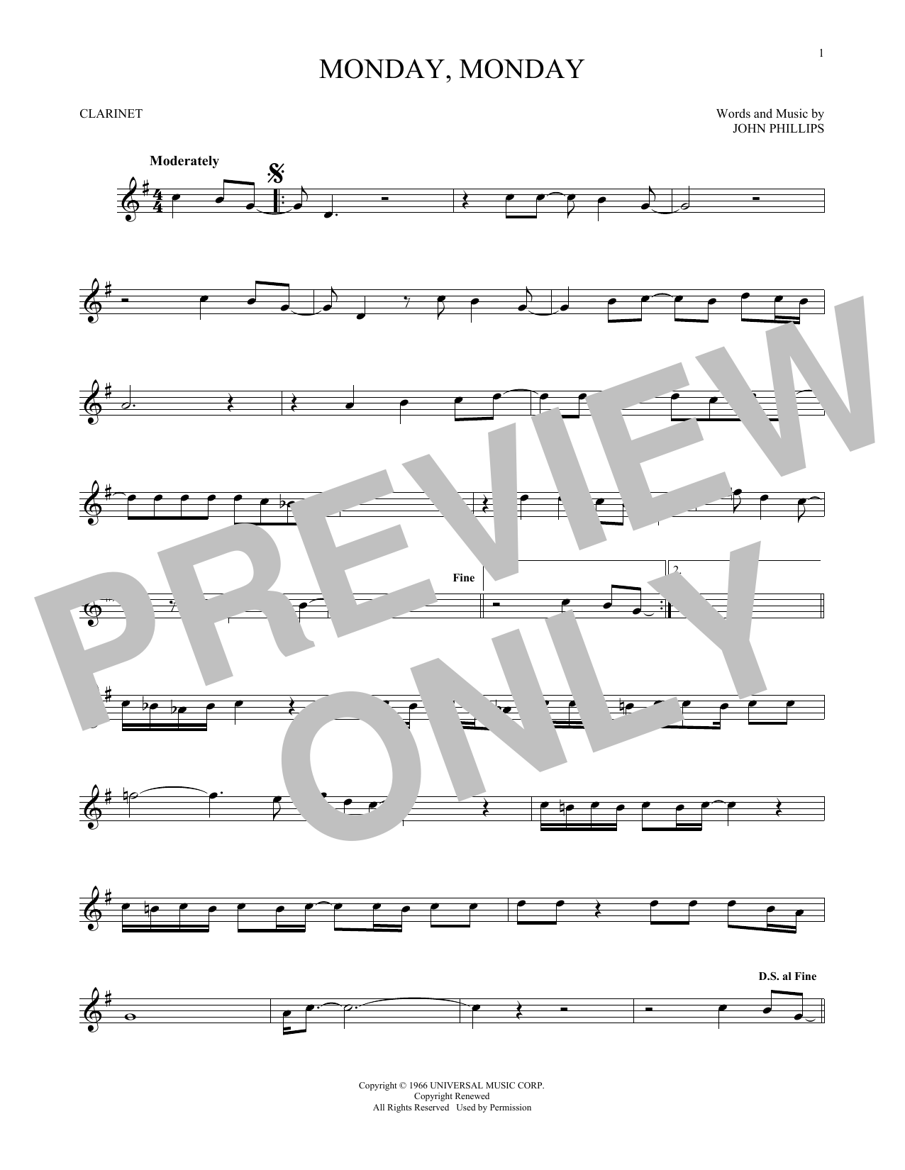 The Mamas & The Papas Monday, Monday sheet music notes and chords. Download Printable PDF.