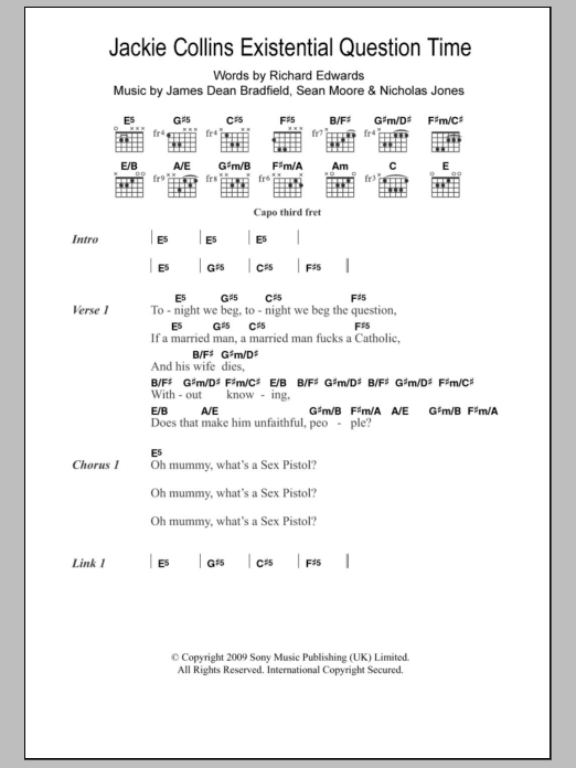 Manic Street Preachers Jackie Collins Existential Question Time sheet music notes and chords. Download Printable PDF.