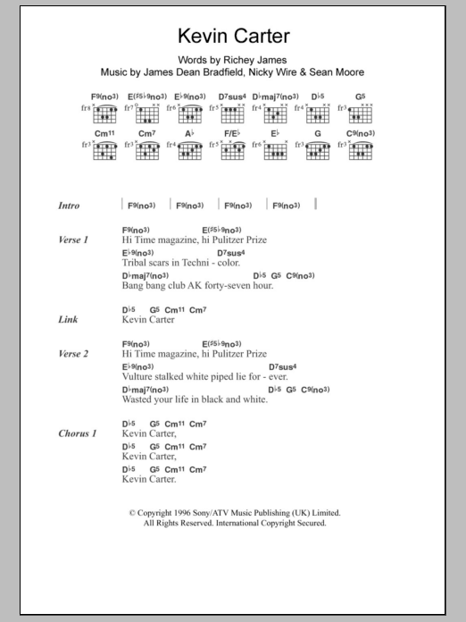 Manic Street Preachers Kevin Carter sheet music notes and chords arranged for Guitar Chords/Lyrics