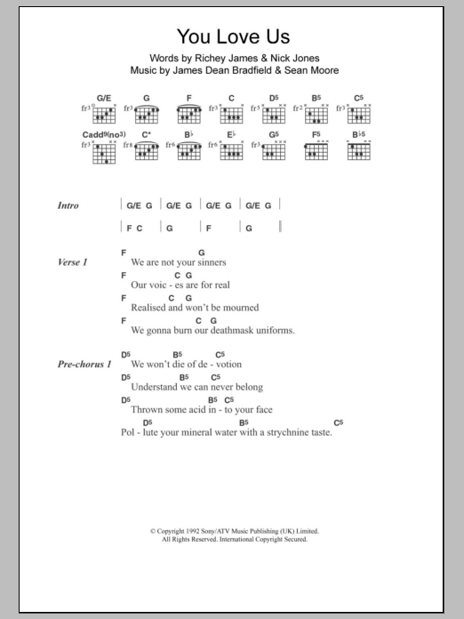 Manic Street Preachers You Love Us sheet music notes and chords arranged for Guitar Chords/Lyrics