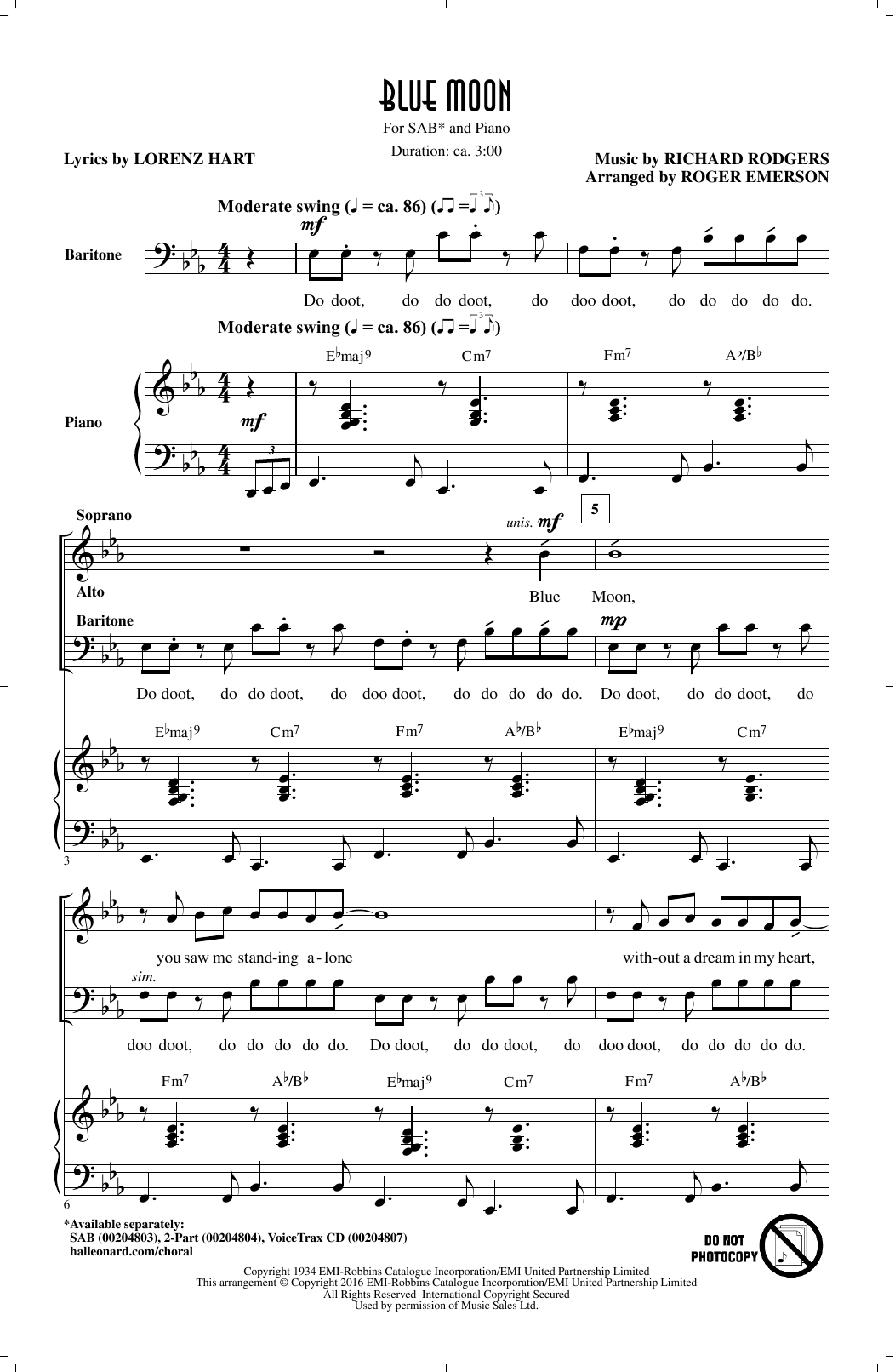 Roger Emerson Blue Moon sheet music notes and chords. Download Printable PDF.