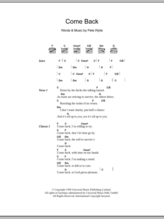 The Mighty Wah! Come Back sheet music notes and chords. Download Printable PDF.