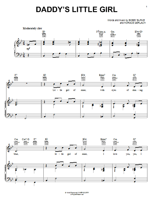 Learn to play The Mills Brothers Daddy's Little Girl sheet music for Piano, Vocal & Guitar Chords (Right-Hand Melody) in minutes. Price: 7.8900$ The Mills Brothers Daddy's Little Girl sheet music notes and chords arranged for Piano, Vocal & Guitar Chords (Right-Hand Melody)