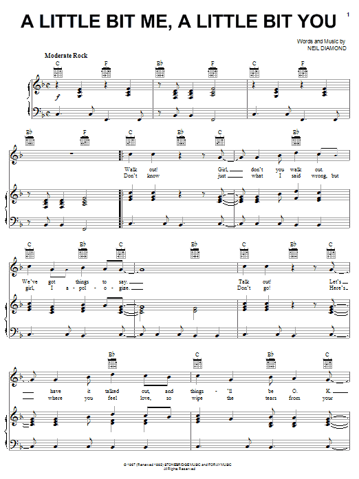 Neil Diamond A Little Bit Me, A Little Bit You sheet music notes and chords. Download Printable PDF.