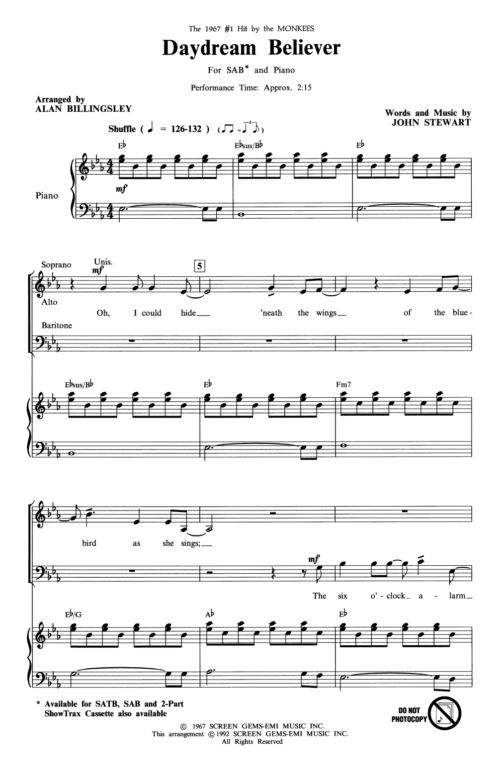 The Monkees Daydream Believer (arr. Alan Billingsley) sheet music notes and chords. Download Printable PDF.