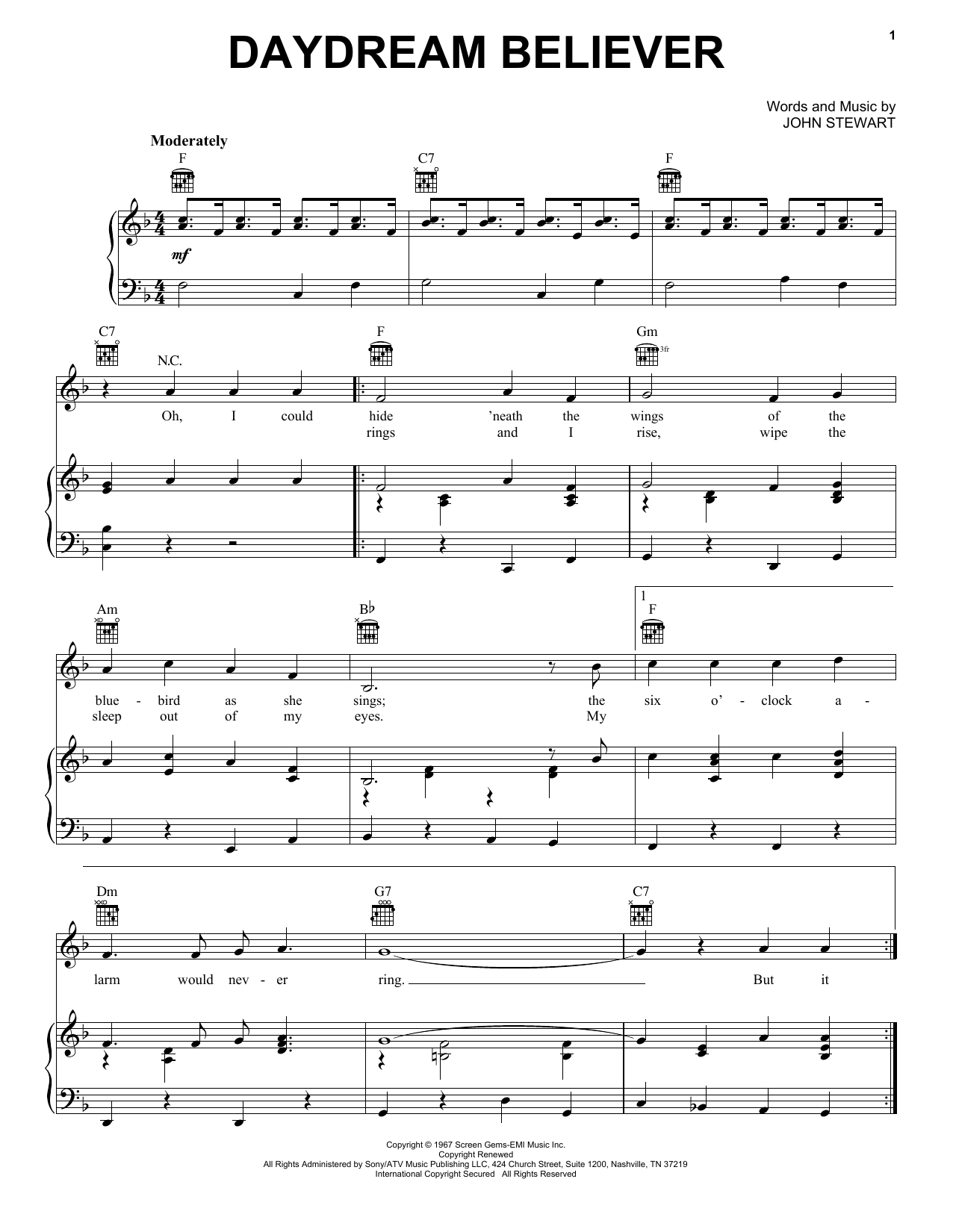 The Monkees Daydream Believer sheet music notes and chords. Download Printable PDF.