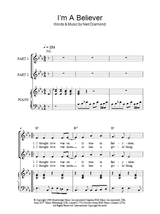 The Monkees I'm A Believer sheet music notes and chords. Download Printable PDF.