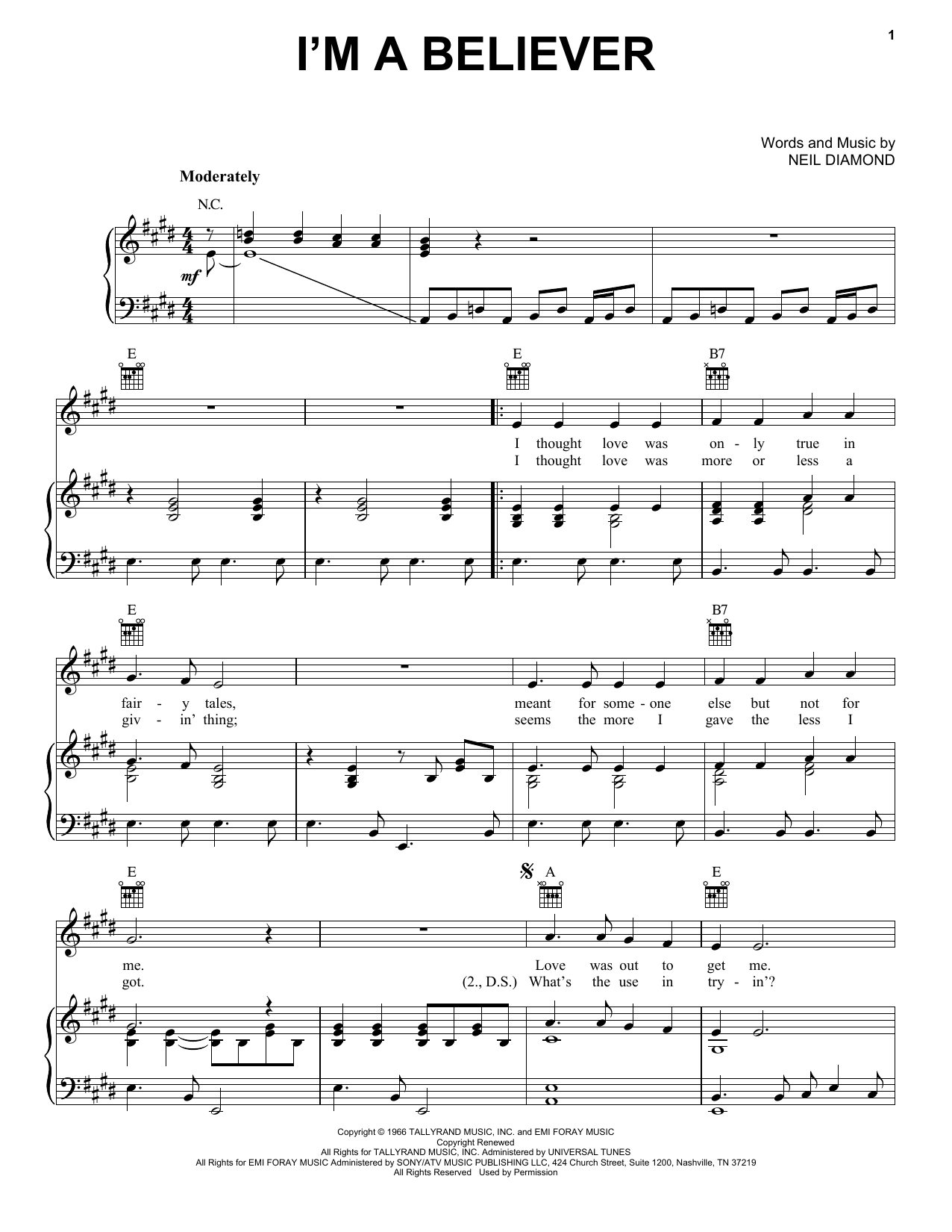 The Monkees I'm A Believer sheet music notes and chords. Download Printable PDF.