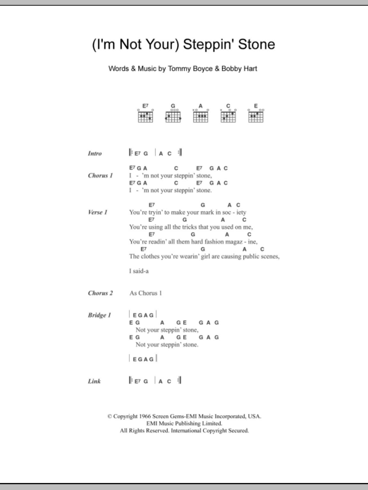 The Monkees (I'm Not Your) Steppin' Stone sheet music notes and chords. Download Printable PDF.