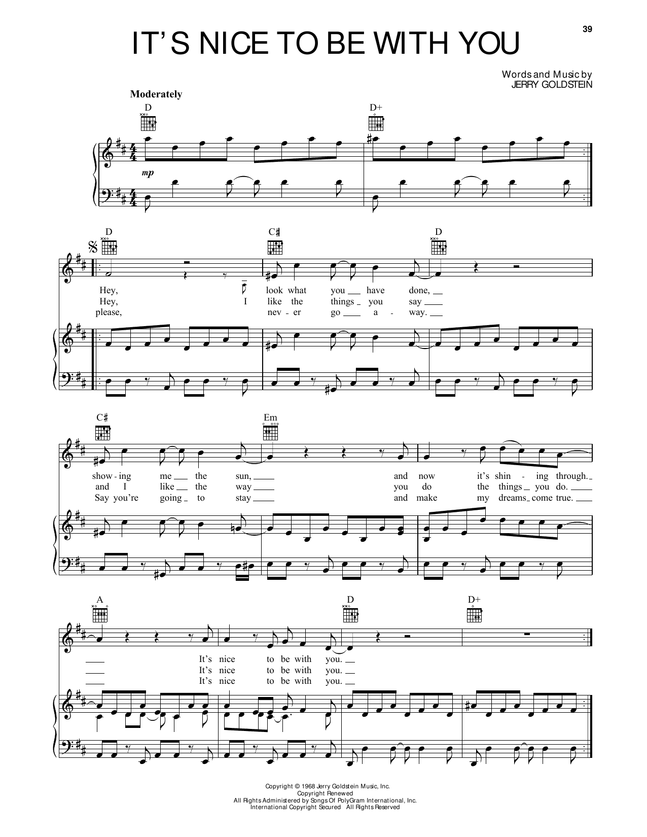 Learn to play The Monkees It's Nice To Be With You sheet music for Piano, Vocal & Guitar Chords (Right-Hand Melody) in minutes. Price: 6.9900$ The Monkees It's Nice To Be With You sheet music notes and chords arranged for Piano, Vocal & Guitar Chords (Right-Hand Melody)