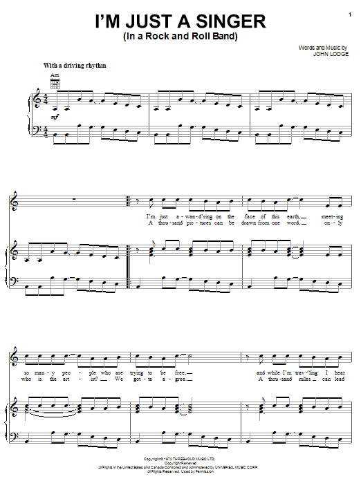 Learn to play The Moody Blues I'm Just A Singer (In A Rock And Roll Band) sheet music for Piano, Vocal & Guitar Chords (Right-Hand Melody) in minutes. Price: 7.8900$ The Moody Blues I'm Just A Singer (In A Rock And Roll Band) sheet music notes and chords arranged for Piano, Vocal & Guitar Chords (Right-Hand Melody)