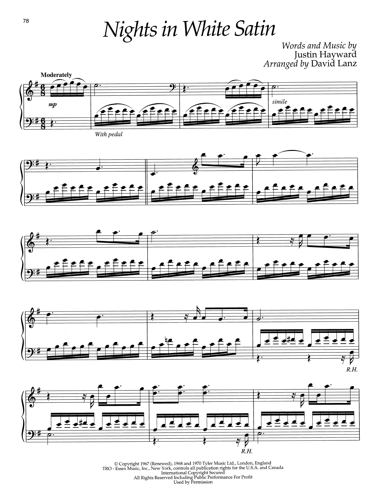 The Moody Blues Nights In White Satin (arr. David Lanz) sheet music notes and chords. Download Printable PDF.