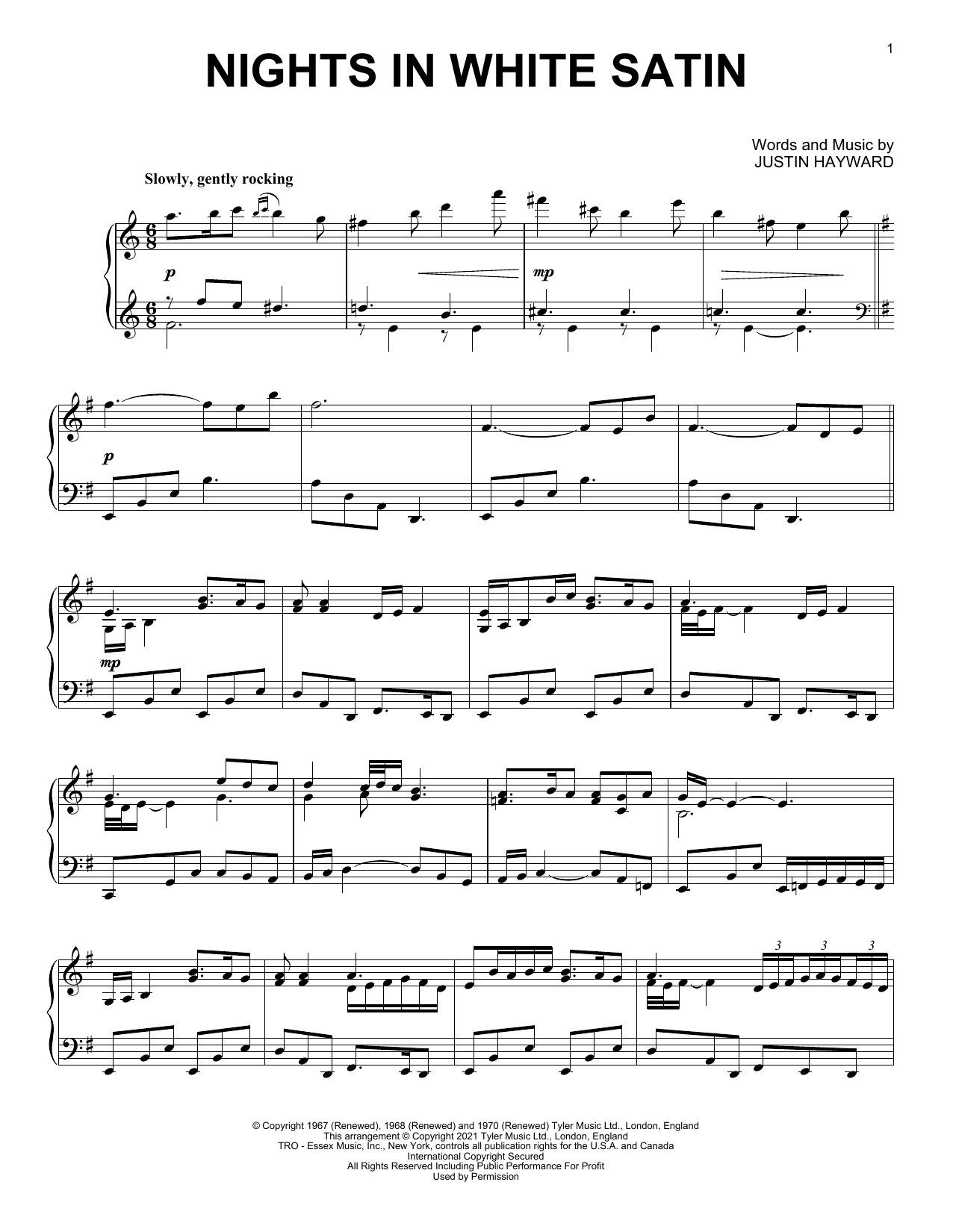 The Moody Blues Nights In White Satin [Classical version] (arr. David Pearl) sheet music notes and chords. Download Printable PDF.