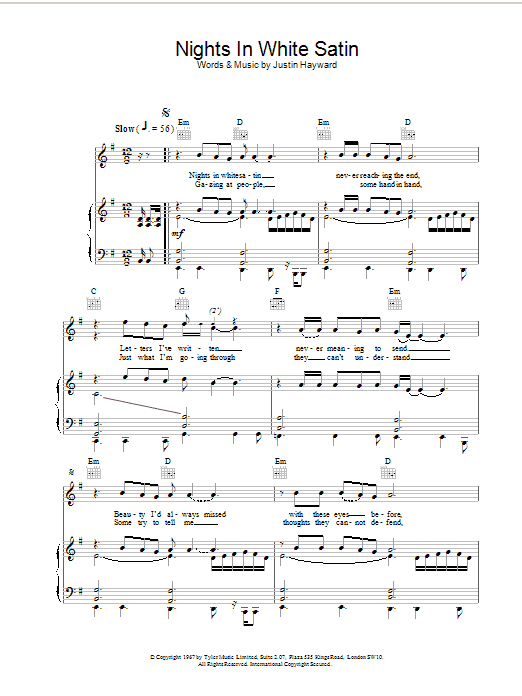 The Moody Blues Nights In White Satin sheet music notes and chords arranged for Piano, Vocal & Guitar Chords (Right-Hand Melody)