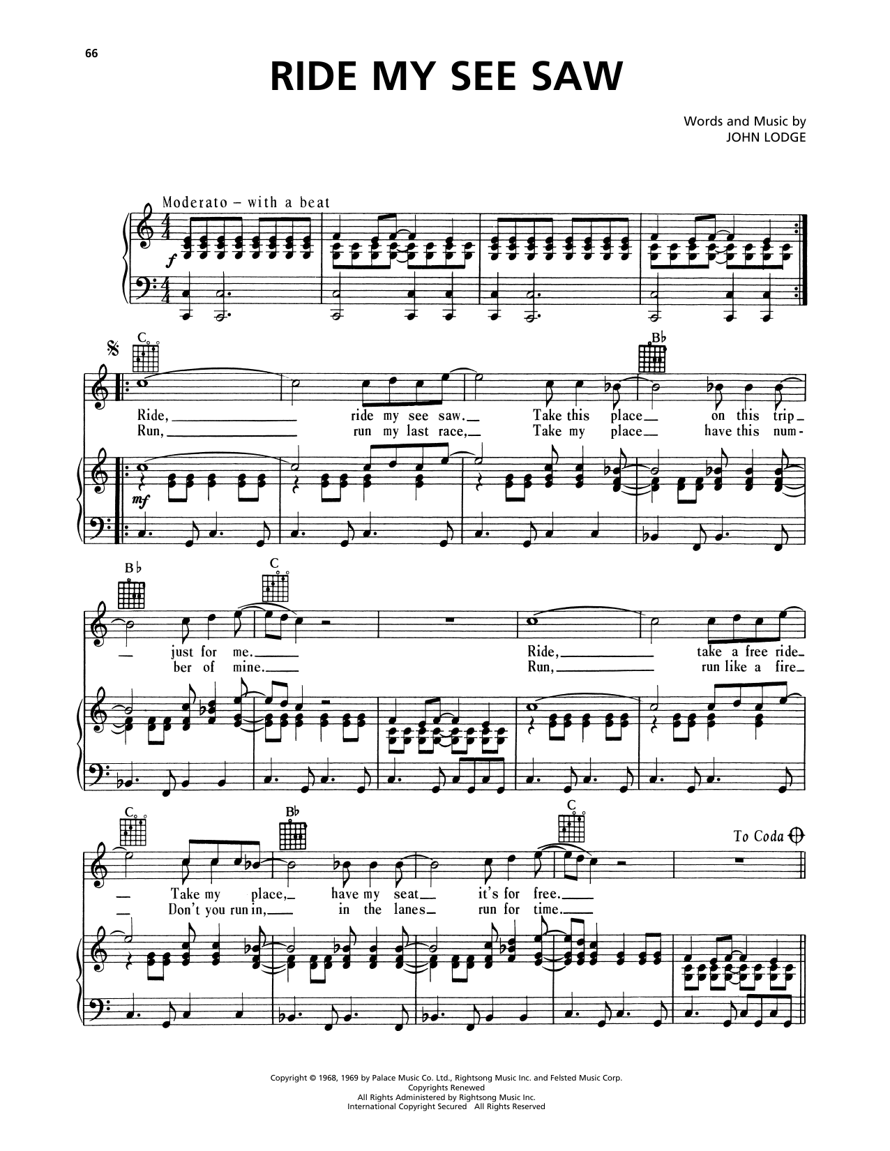 The Moody Blues Ride My See-Saw sheet music notes and chords. Download Printable PDF.