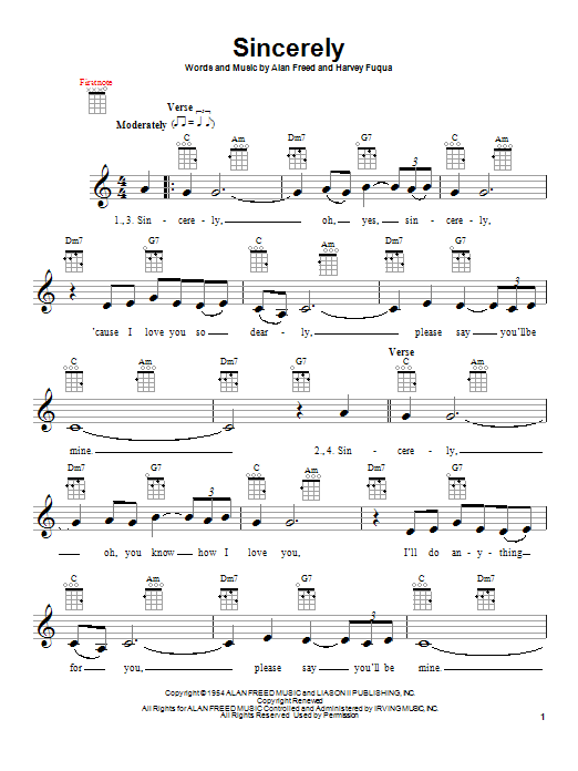 Learn to play The Moonglows Sincerely sheet music for Ukulele in minutes. Price: 5.9900$ The Moonglows Sincerely sheet music notes and chords arranged for Ukulele