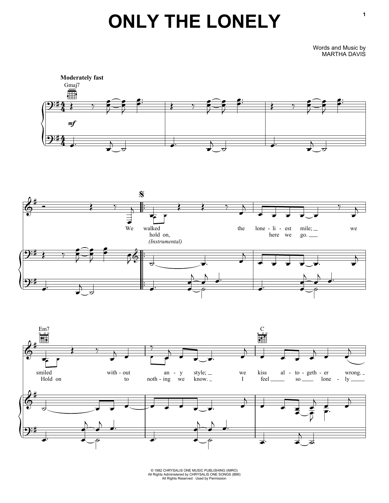 The Motels Only The Lonely sheet music notes and chords. Download Printable PDF.