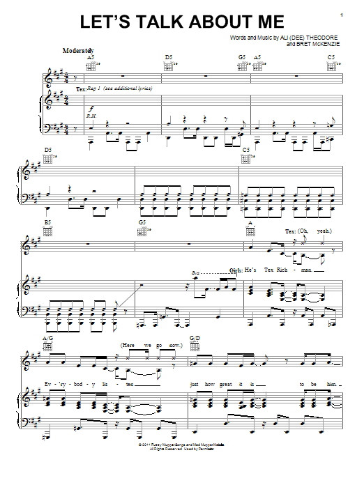 Learn to play The Muppets Let's Talk About Me sheet music for Piano, Vocal & Guitar Chords (Right-Hand Melody) in minutes. Price: 7.8900$ The Muppets Let's Talk About Me sheet music notes and chords arranged for Piano, Vocal & Guitar Chords (Right-Hand Melody)