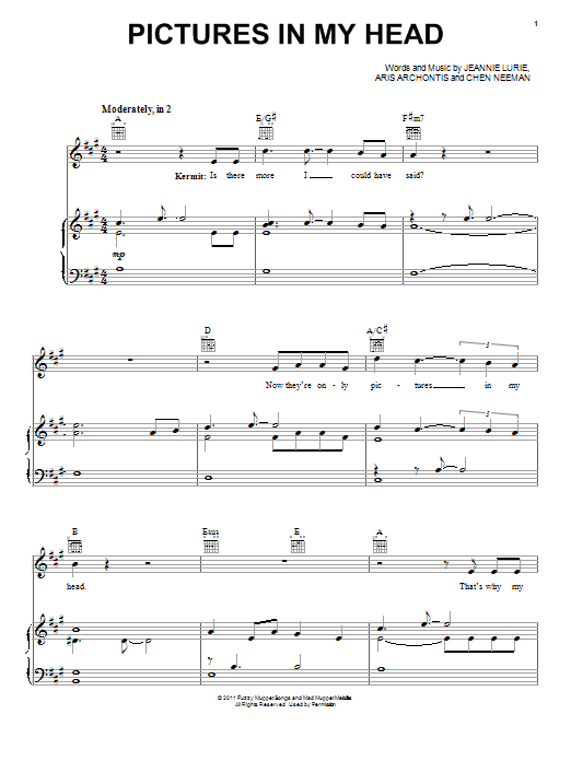 Learn to play The Muppets Pictures In My Head sheet music for Piano, Vocal & Guitar Chords (Right-Hand Melody) in minutes. Price: 7.8900$ The Muppets Pictures In My Head sheet music notes and chords arranged for Piano, Vocal & Guitar Chords (Right-Hand Melody)