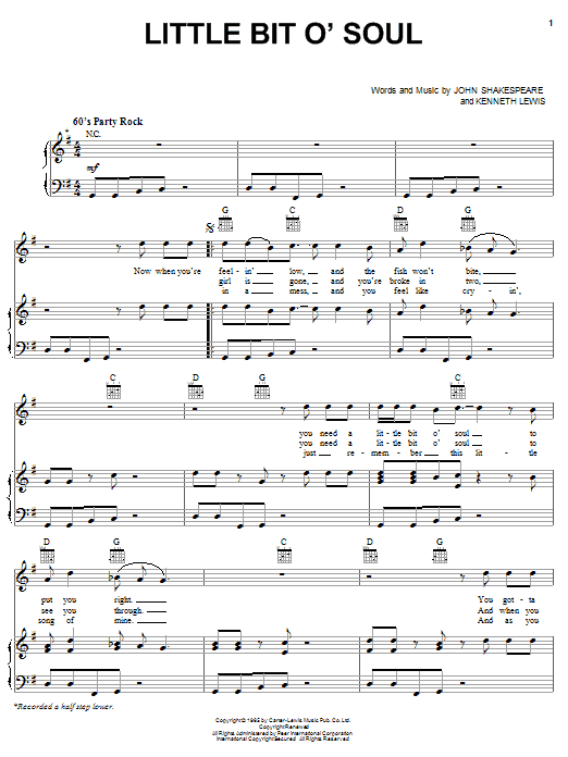 Learn to play The Music Explosion Little Bit O' Soul sheet music for Piano, Vocal & Guitar Chords (Right-Hand Melody) in minutes. Price: 7.8900$ The Music Explosion Little Bit O' Soul sheet music notes and chords arranged for Piano, Vocal & Guitar Chords (Right-Hand Melody)