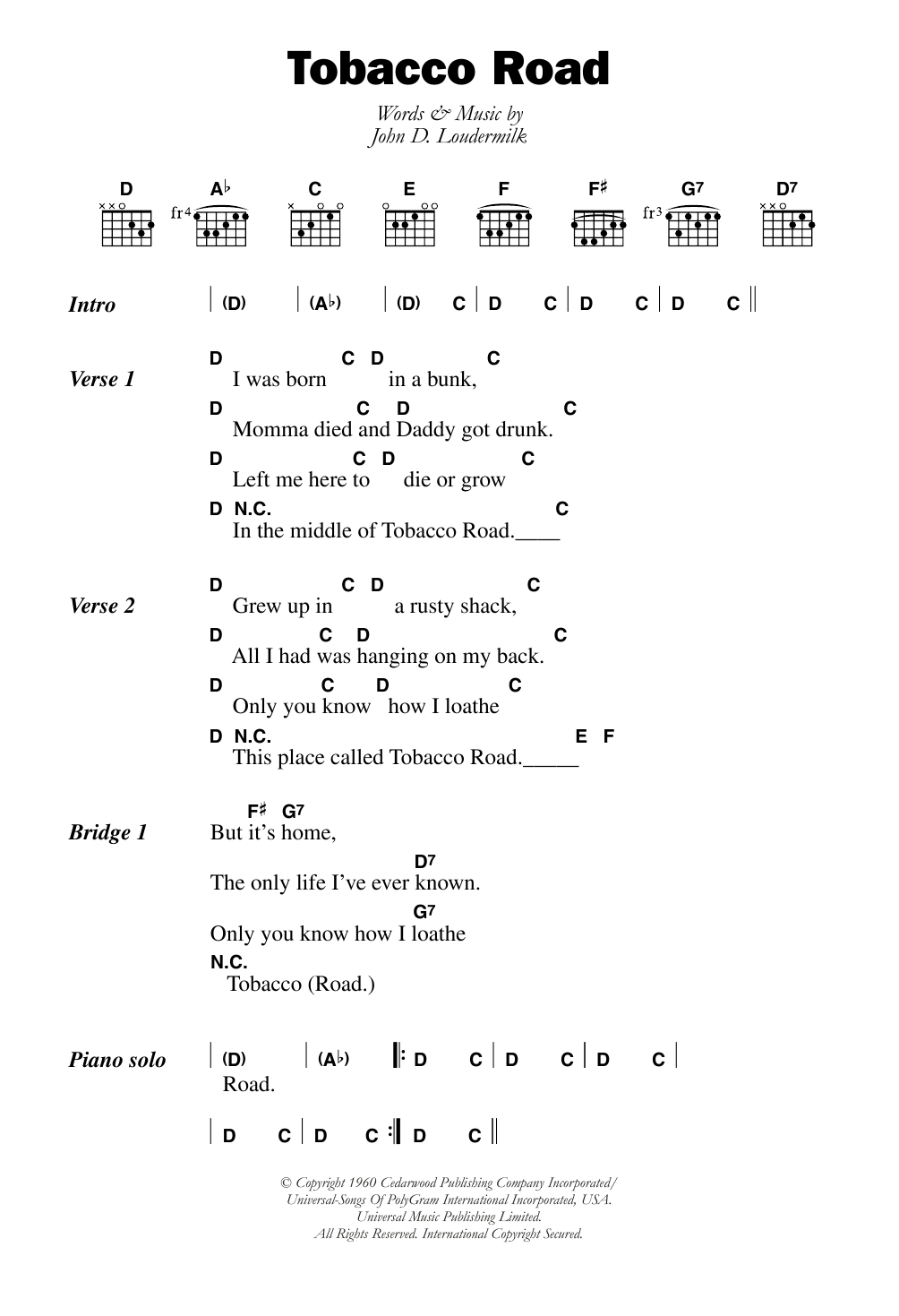 The Nashville Teens Tobacco Road sheet music notes and chords. Download Printable PDF.