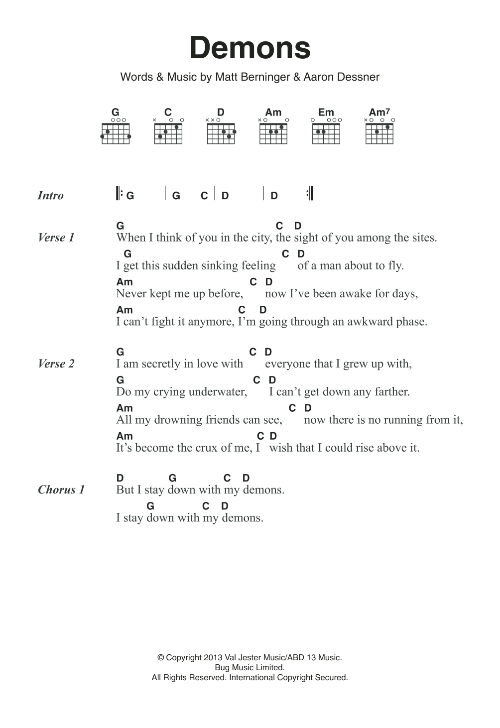 The National Demons sheet music notes and chords. Download Printable PDF.