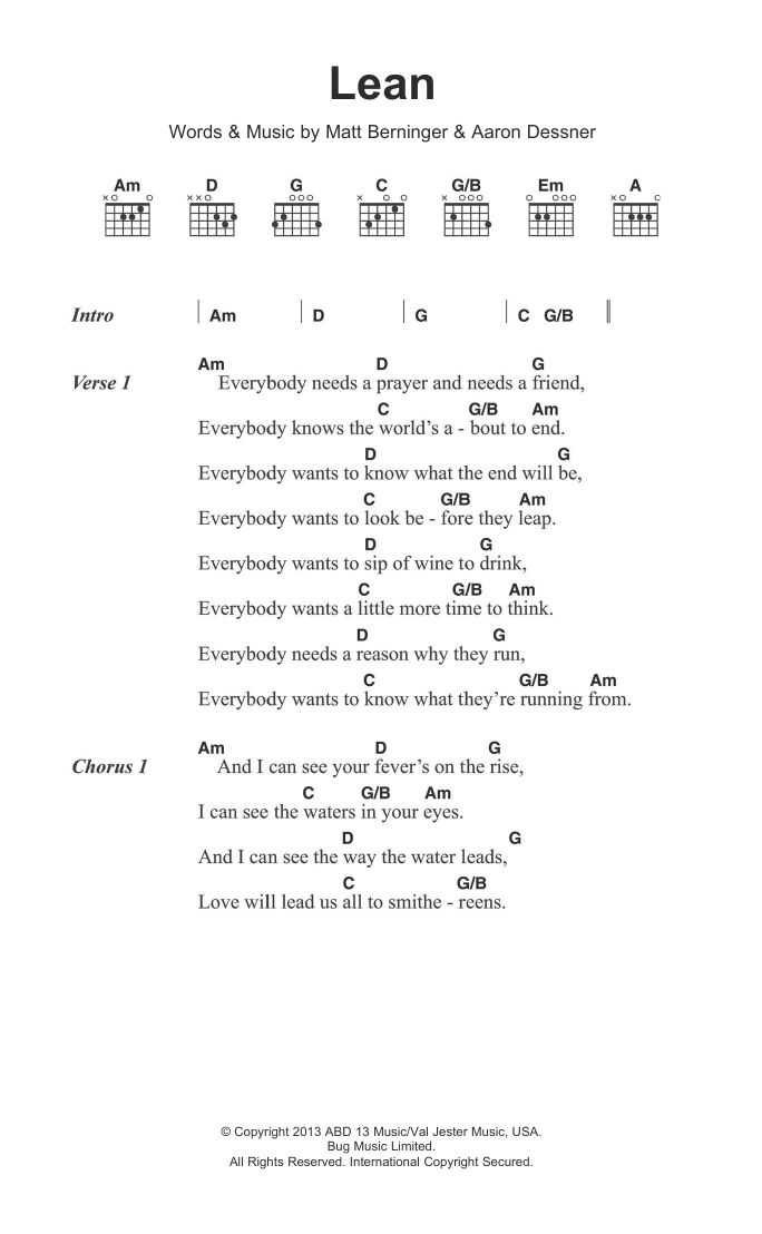 The National Lean sheet music notes and chords. Download Printable PDF.