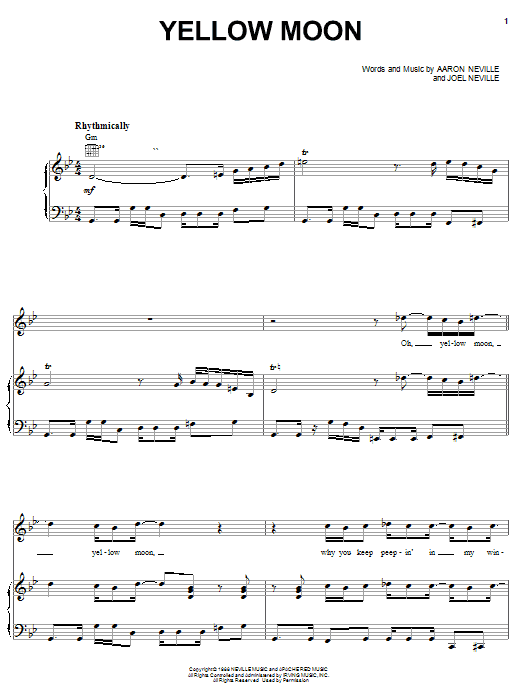Learn to play The Neville Brothers Yellow Moon sheet music for Piano, Vocal & Guitar Chords (Right-Hand Melody) in minutes. Price: 7.8900$ The Neville Brothers Yellow Moon sheet music notes and chords arranged for Piano, Vocal & Guitar Chords (Right-Hand Melody)