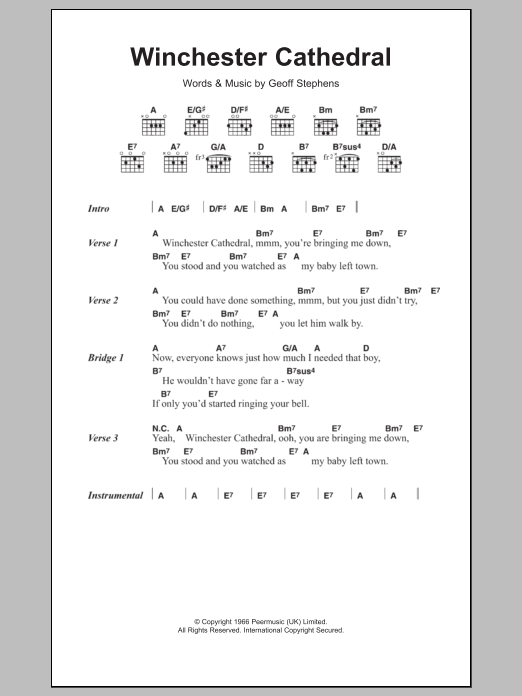 Learn to play The New Vaudeville Band Winchester Cathedral sheet music for Guitar Chords/Lyrics in minutes. Price: 4.4900$ The New Vaudeville Band Winchester Cathedral sheet music notes and chords arranged for Guitar Chords/Lyrics