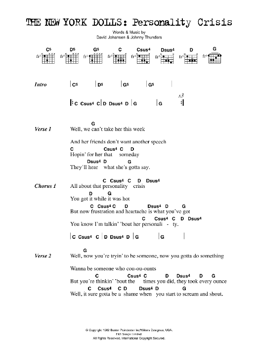 Learn to play The New York Dolls Personality Crisis sheet music for Ukulele in minutes. Price: 5.9900$ The New York Dolls Personality Crisis sheet music notes and chords arranged for Ukulele