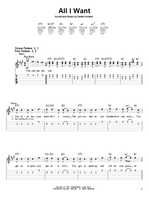 The Offspring All I Want sheet music notes and chords. Download Printable PDF.