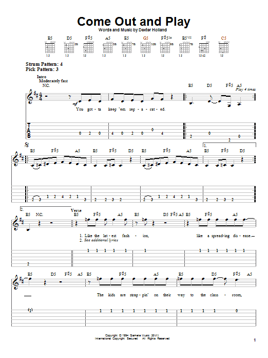 The Offspring Come Out And Play sheet music notes and chords. Download Printable PDF.