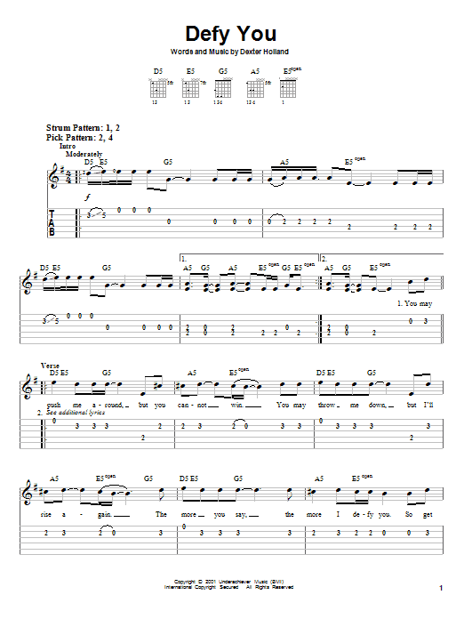 The Offspring Defy You sheet music notes and chords. Download Printable PDF.