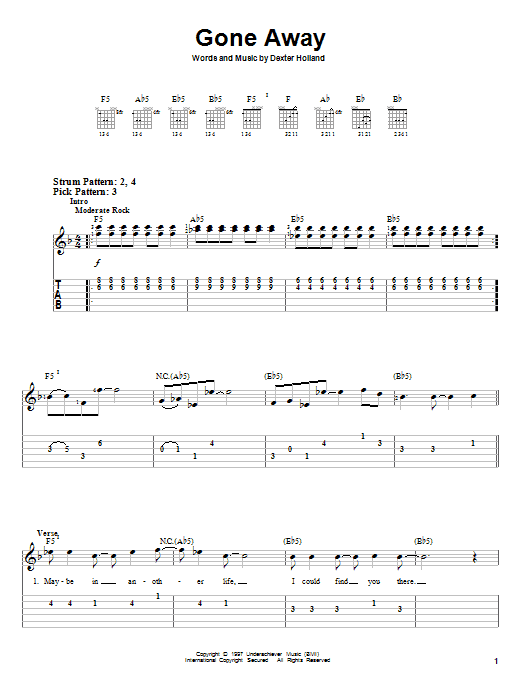 The Offspring Gone Away sheet music notes and chords. Download Printable PDF.