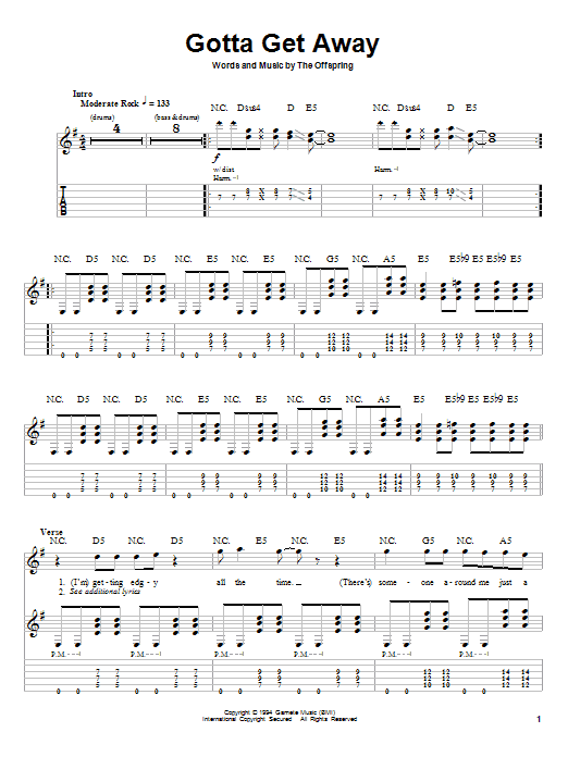 The Offspring Gotta Get Away sheet music notes and chords. Download Printable PDF.