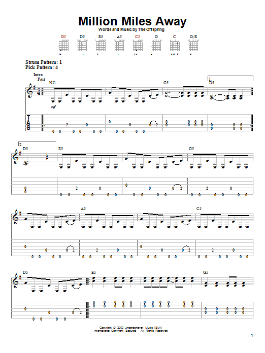 The Offspring Million Miles Away sheet music notes and chords. Download Printable PDF.