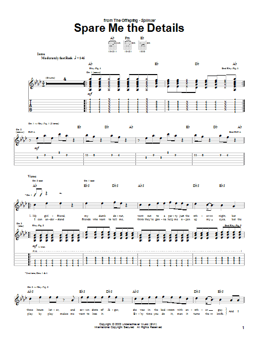 Learn to play The Offspring Spare Me The Details sheet music for Guitar Tab in minutes. Price: 7.8900$ The Offspring Spare Me The Details sheet music notes and chords arranged for Guitar Tab
