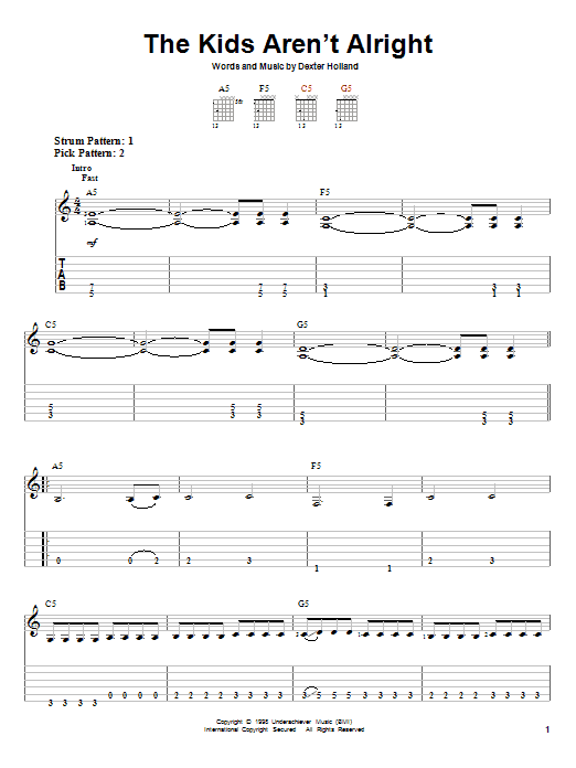 The Offspring The Kids Aren't Alright sheet music notes and chords. Download Printable PDF.