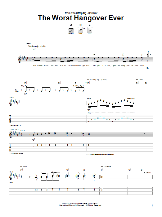 Learn to play The Offspring The Worst Hangover Ever sheet music for Guitar Tab in minutes. Price: 7.8900$ The Offspring The Worst Hangover Ever sheet music notes and chords arranged for Guitar Tab