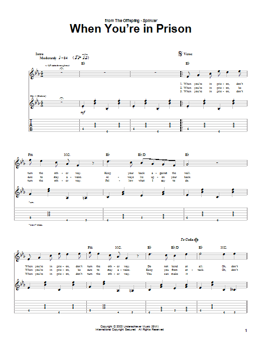 Learn to play The Offspring When You're In Prison sheet music for Guitar Tab in minutes. Price: 7.8900$ The Offspring When You're In Prison sheet music notes and chords arranged for Guitar Tab