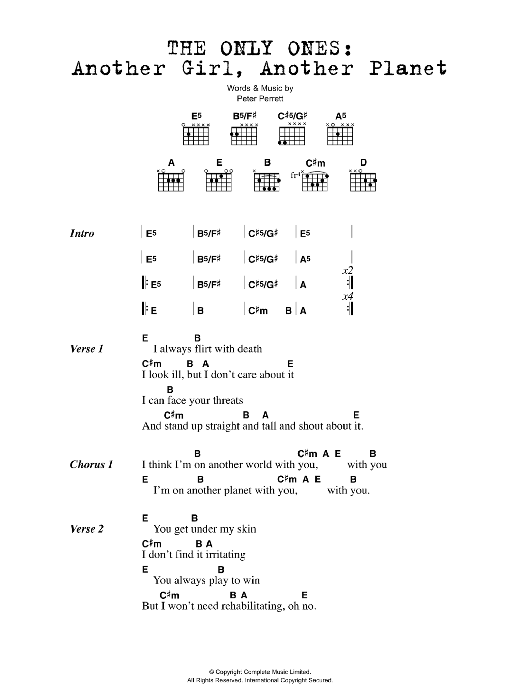 The Only Ones Another Girl, Another Planet sheet music notes and chords. Download Printable PDF.