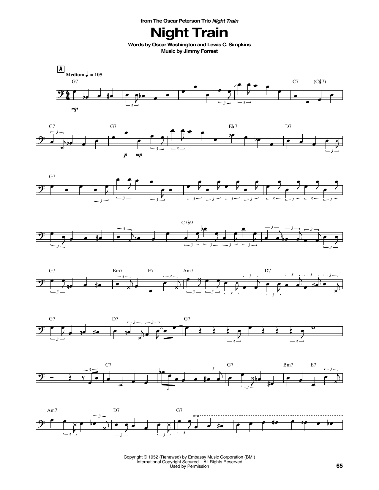 Learn to play The Oscar Peterson Trio Night Train sheet music for String Bass Transcription in minutes. Price: 5.9900$ The Oscar Peterson Trio Night Train sheet music notes and chords arranged for String Bass Transcription