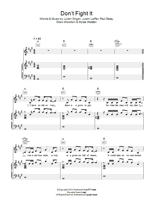 Learn to play The Panics Don't Fight It sheet music for Piano, Vocal & Guitar Chords in minutes. Price: 7.8900$ The Panics Don't Fight It sheet music notes and chords arranged for Piano, Vocal & Guitar Chords