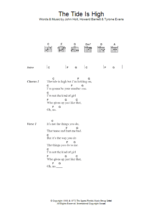 The Paragons The Tide Is High sheet music notes and chords. Download Printable PDF.