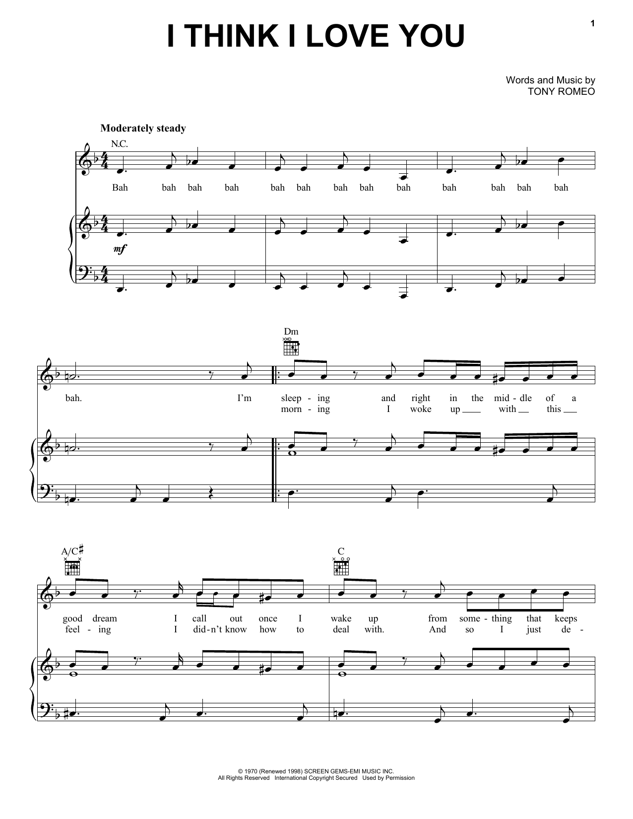 The Partridge Family I Think I Love You sheet music notes and chords. Download Printable PDF.