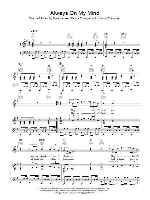 Learn to play Pet Shop Boys Always On My Mind sheet music for Piano, Vocal & Guitar Chords in minutes. Price: 7.8900$ Pet Shop Boys Always On My Mind sheet music notes and chords arranged for Piano, Vocal & Guitar Chords
