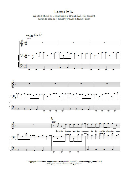 Learn to play Pet Shop Boys Love Etc. sheet music for Piano, Vocal & Guitar Chords in minutes. Price: 7.8900$ Pet Shop Boys Love Etc. sheet music notes and chords arranged for Piano, Vocal & Guitar Chords
