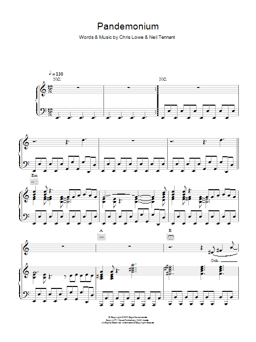 Learn to play Pet Shop Boys Pandemonium sheet music for Piano, Vocal & Guitar Chords in minutes. Price: 7.8900$ Pet Shop Boys Pandemonium sheet music notes and chords arranged for Piano, Vocal & Guitar Chords