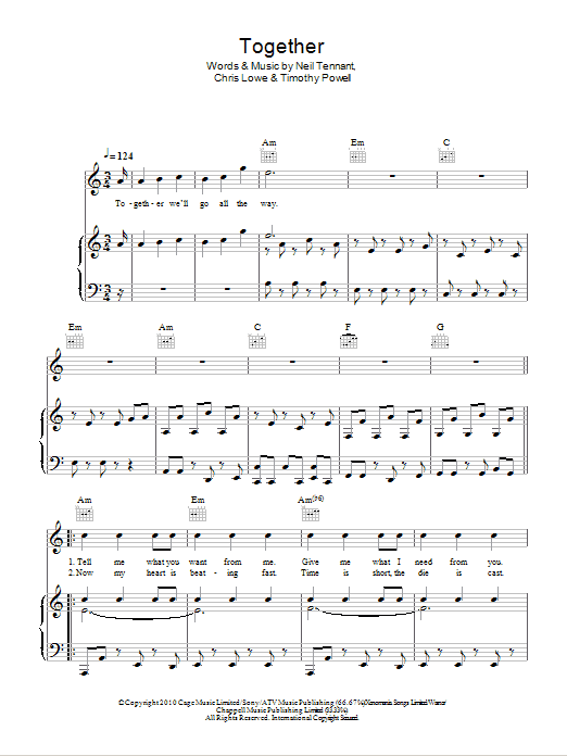 Pet Shop Boys Together sheet music notes and chords arranged for Piano, Vocal & Guitar Chords