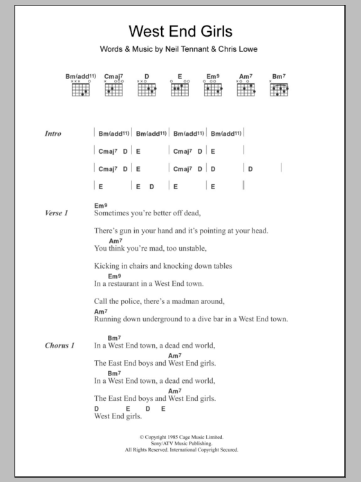 Pet Shop Boys West End Girls sheet music notes and chords. Download Printable PDF.